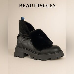 BEAUTIISOLES Francy Genuine Shearling Bootie In Black Nappa Leather size 8.5M